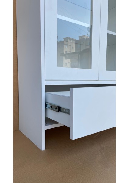 Cam Kapaklı Beyaz Çok Amaçlı Kitaplık Dolap – Çekmeceli Modern Raflı Vitrin