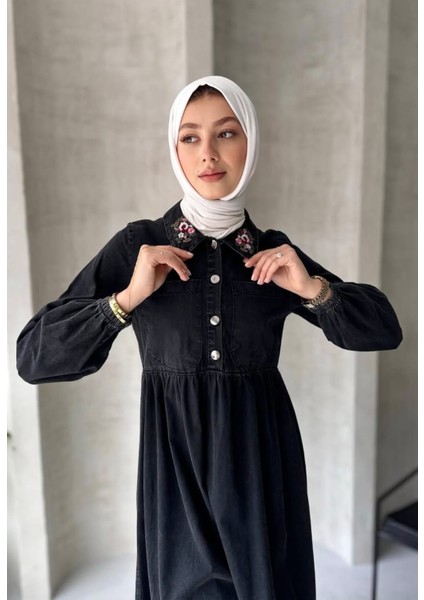 Önü Fermuarlı Cepli Gömlek Yaka Detaylı Ince Kot Elbise