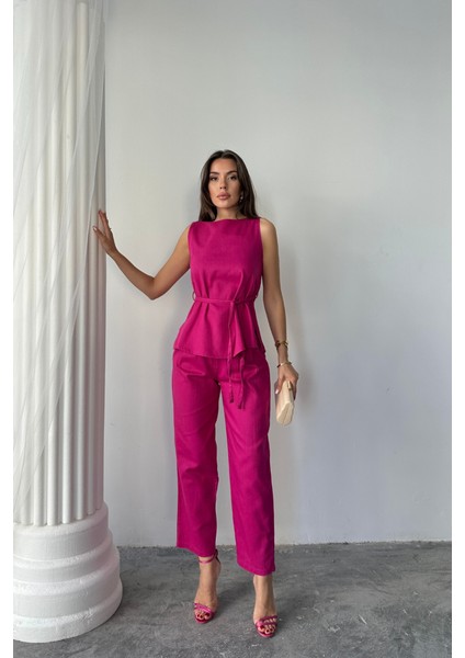 Keten Bluz - Pantolon Takım Massimo Modelscreat Kumaş - Fuşya