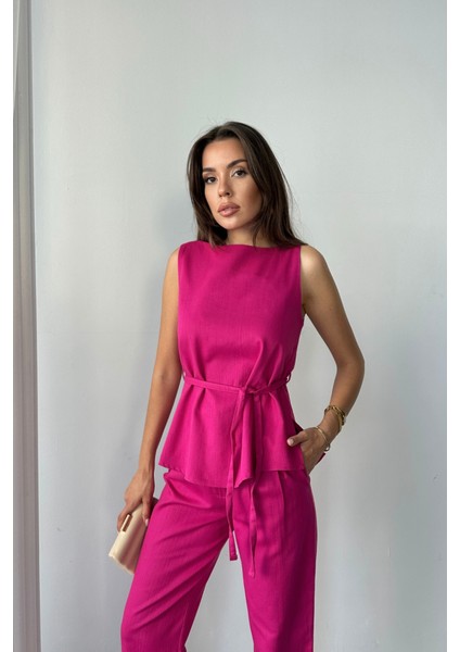 Keten Bluz - Pantolon Takım Massimo Modelscreat Kumaş - Fuşya