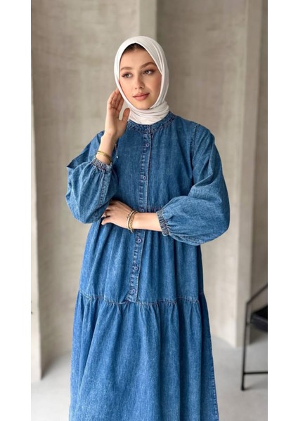 Önü Yarı Düğmeli Yuvarlak Yaka Yarasa Kollu Kot Ince Elbise