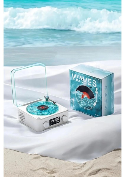 Waves Nostalji Plak Görünümlü Bluetooth Hoparlör 3D Ses Dalgası Retro Müzik Plak Mavi.gzpde