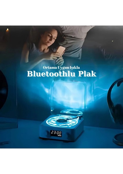 Waves Nostalji Plak Görünümlü Bluetooth Hoparlör 3D Ses Dalgası Retro Müzik Plak Mavi.gzpde