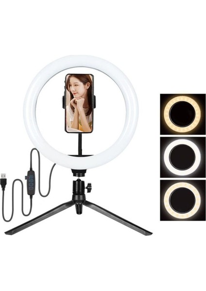 Masa Ayaklı 10 Inç LED Ring Lıght Influencer Youtuber Tiktok Telefon Tutucu Makyaj Işığı
