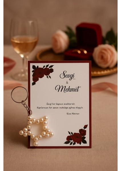 Kırmızı Gül Konsept 15 Adet Inci Anahtarlık - Kına Hediyesi - Nişan Hediyesi - Bride Nikah Hediye modelleri