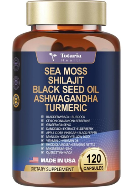 Healt 25-In-1 Sea Moss Black Seed Oil Ginger Shilajit With Bladder Burdock Ceylon Cinnamon Berberine Acv Manuka Vıt C D3, 120 Caps.abd Menşei