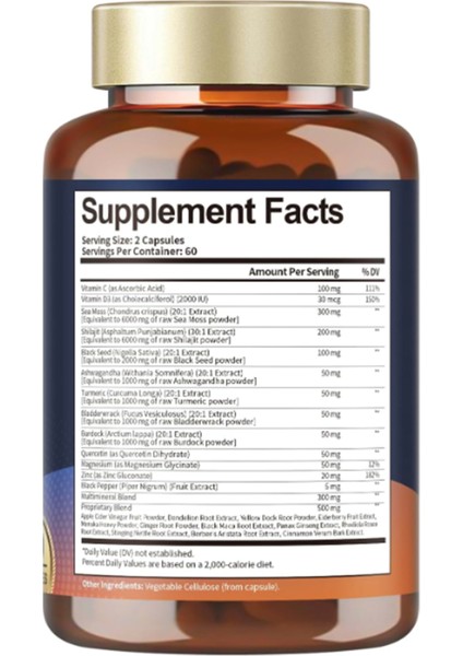 Healt 25-In-1 Sea Moss Black Seed Oil Ginger Shilajit With Bladder Burdock Ceylon Cinnamon Berberine Acv Manuka Vıt C D3, 120 Caps.abd Menşei fiyatları