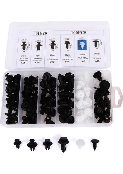 100 Parça Oto Fastener Klip Tampon Kapı Pervazı Tutucu Raptiye Klips Seti Kutulu