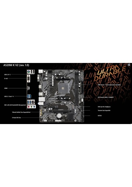Gıgabyte A520M K V2 1.0 A520 Ddr4 VGA Glan Matx HDMI M2 Usb3.1 Am4 Amd Anakart