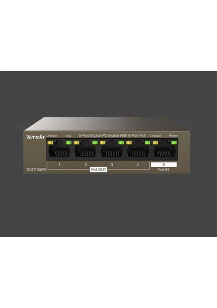 Tenda TEG1105PD 5 Port 4 Port Poe+ 1 Port Poe+ In 10-100-1000 Switch Çelik Kasa Rack Mount
