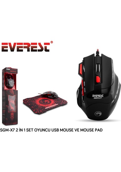 Everest Sgm-X7 USB Siyah Makrolu 7200DPI Oyuncu Mouse +Gaming Mouse Pad