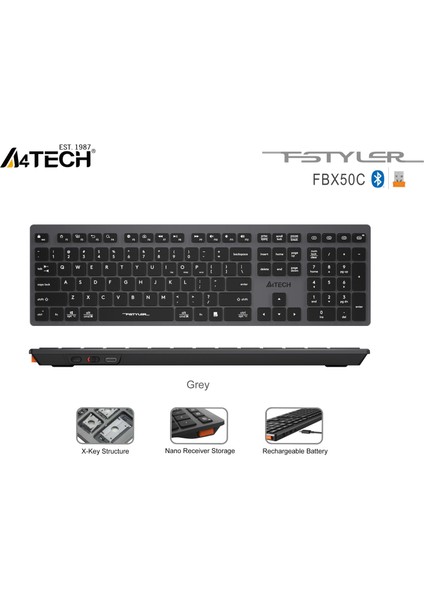 A4 Tech FBX50C Bluetooth Q Şarjlı Gri Klavye