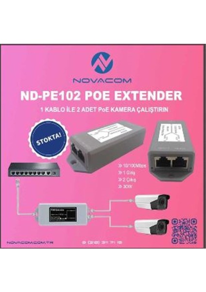 Nova ND-PE102GW Poe Extender 10-100-1000 Mbps 1 Input 2 Output 30W Dış Ortam