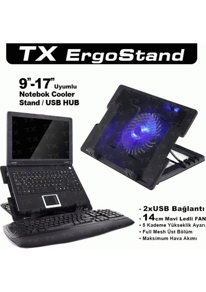 Tx Acnbergst Ergostand 14CM LED Fan'lı 5 Kademeli 2xusb 9"-17" Notebook Soğutucu-Stand