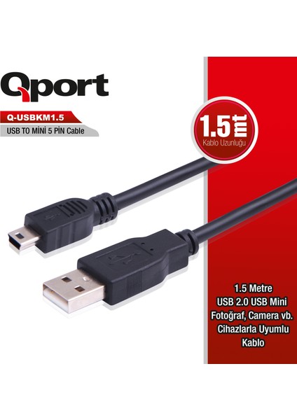 Qport Q-Usbkm1.5 1,5m Usb2.0=>mini 5 Pin Kamera