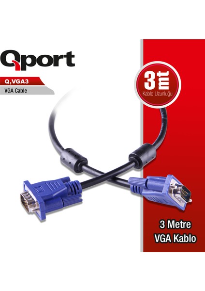 Qport 3m 15 Pin Fitreli Monitör / VGA Kablo (Q-Vga3)
