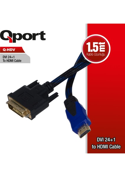 Qport Q-Hdv DVI 24+1 To HDMI 1.5mt Çevirici Kablo