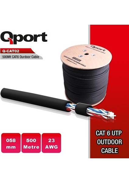 Qport Cat6 Utp 23AWG Siyah 500M Outdoor Makaralı Kablo Q-Cato2