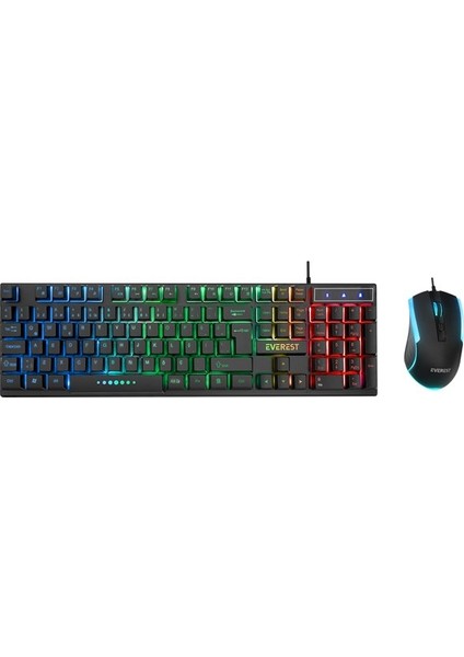 Everest KM-198 Luminax Siyah Gökkuşağı Aydınlatmalı Q Gaming Oyuncu Klavye + Mouse Set