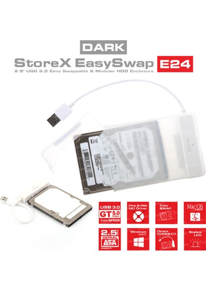 Dark Storex E24 2.5" USB 3.0 Çıkarılabilir Başlıklı Şeffaf Sata Disk Kutusu