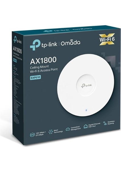 Tp-Lınk Omada EAP610 AX1800 Dual Band Wıfı6 1xgbıt RJ45 2.4ghz/5ghz Tavan Tipi Access Poınt (Adaptörlü)