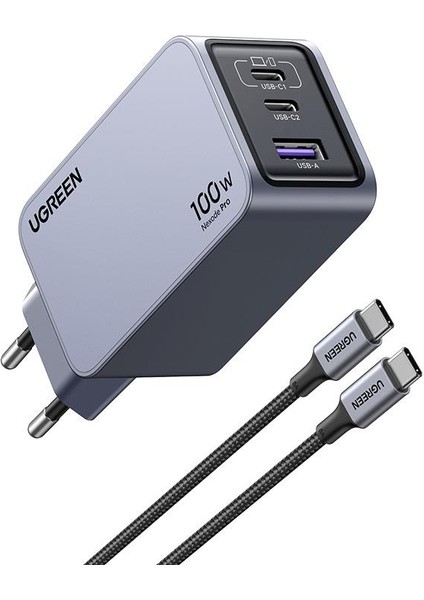 Ugreen Nexode Pro 100W Gan Hızlı Şarj Cihazı Type-C Qc Pd 2xusb-C, 1xusb-A Uzay Grisi 25874