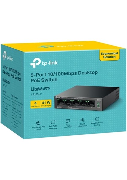 Tp-Lınk LS105LP 4 Port 10/100 +1 Port RJ45 Uplınk 41W 250 Metre Poe Mesafe Metal Kasa Swıtch