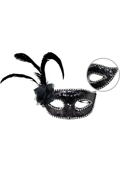 Siyah Yandan Tüylü Güllü Taşlı Pullu Maske