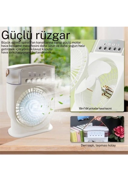 Şarjlı 600 ml Su Hazneli Taşınabilir Masaüstü Vanilatör Güçlü Fan ve 2000 Mah Pil Yeşil.gzpde