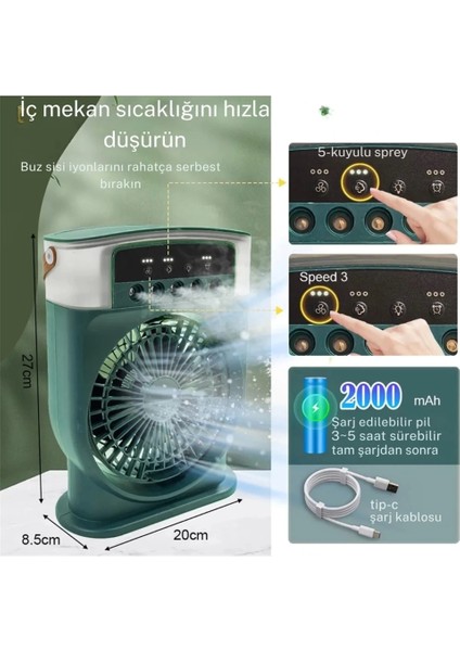 Şarjlı 600 ml Su Hazneli Taşınabilir Masaüstü Vanilatör Güçlü Fan ve 2000 Mah Pil Beyaz.gzpde