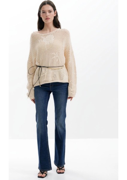 Bisiklet Yaka Normal Desenli Bej Kazak Kadın 25SWJF26