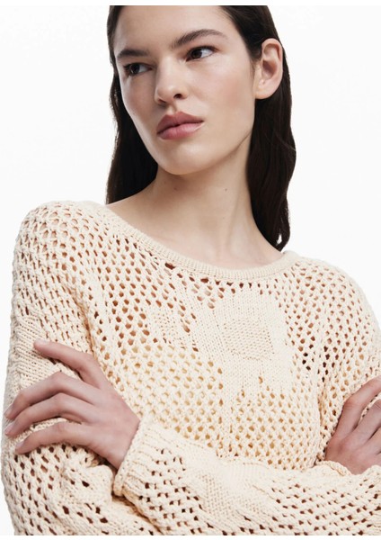 Bisiklet Yaka Normal Desenli Bej Kazak Kadın 25SWJF26 indirimleri