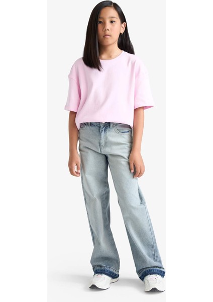 Kız Çocuk Oversize Geniş Kalıp Bisiklet Yaka Basic Düz Kısa Kollu Tişört F8487A825HS fiyatları
