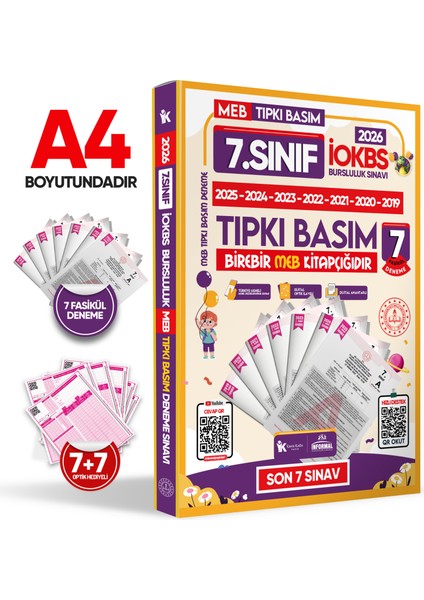 2025 7.Sınıf MEB İOKBS-BURSLULUK Çıkmış Soru Tıpkı Basım 6lı Deneme Paketi Video Çözümlü Türkiye G.