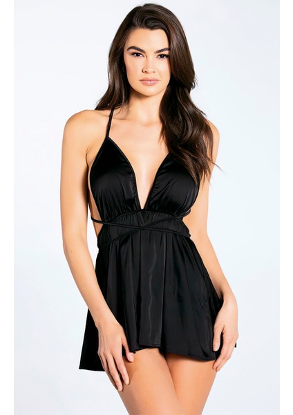 Çarpraz Askılı Siyah Saten Babydoll