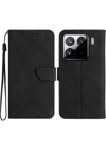 Xiaomi 15 Kılıf Için Cilt Dokunma Hatları Pu Deri Flip Telefon Kapağı-Siyah (Yurt Dışından)