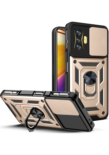 Xiaomi Poco F4 Gt Için Halka Ayaklı ve Kayar Kamera Kapaklı Telefon Kılıf (Yurt Dışından)