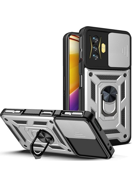 Xiaomi Poco F4 Gt Için Halka Ayaklı ve Kayar Kamera Kapaklı Telefon Kılıf (Yurt Dışından)