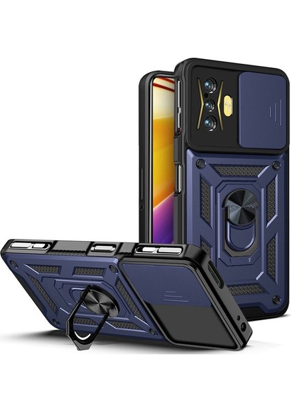 Xiaomi Poco F4 Gt Için Halka Ayaklı ve Kayar Kamera Kapaklı Telefon Kılıf (Yurt Dışından)