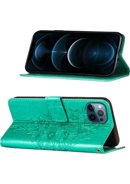 iPhone 12 Pro Max Için Kelebek Pu Deri Çevirmeli Cüzdan Stand Telefon Kılıfı - Yeşil (Yurt Dışından)