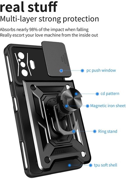 Xiaomi Poco F4 Gt Için Halka Ayaklı ve Kayar Kamera Kapaklı Telefon Kılıf (Yurt Dışından)