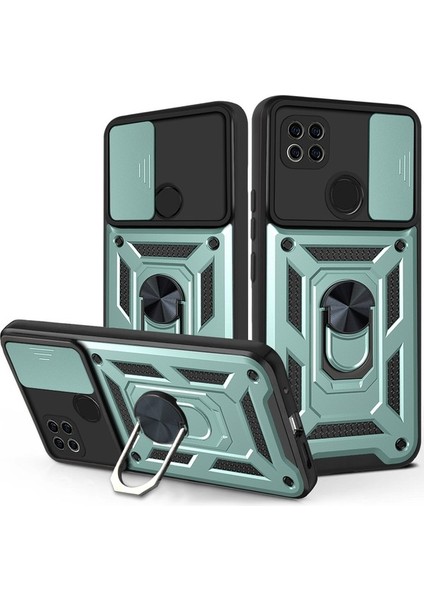 Xiaomi Redmi 9c Ince Kaydırmalı Kamera Kapaklı ve Halka Tutucu Standlı Sağlam Zırh Koruma Çantası Gümüş (Yurt Dışından)
