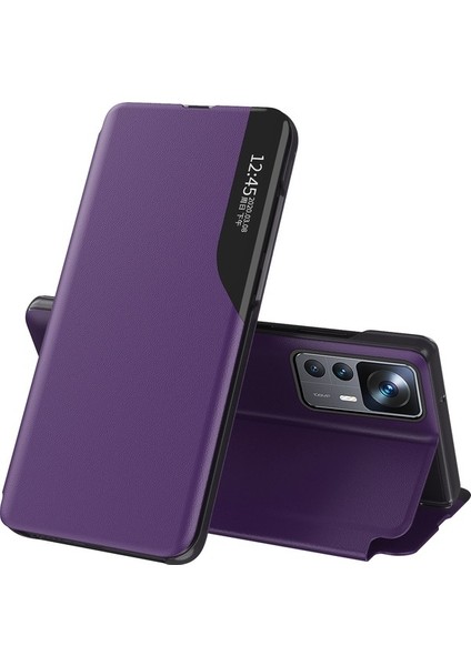 Xiaomi 12T / 12T Pro Için Akıllı Görünüm Flip Stand Pu Deri Telefon Kılıfı (Yurt Dışından)