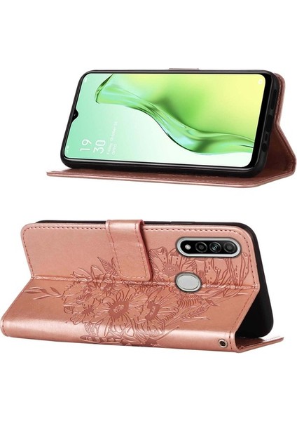 A8 A31 Için Kelebek Pu Deri Çevirmeli Cüzdan Stand Telefon Kılıfı - Rose Gold (Yurt Dışından)