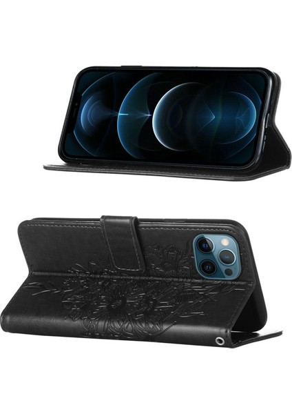 iPhone 12 Pro Max Için Kelebek Pu Deri Çevirmeli Cüzdan Stand Telefon Kılıfı - Yeşil (Yurt Dışından)
