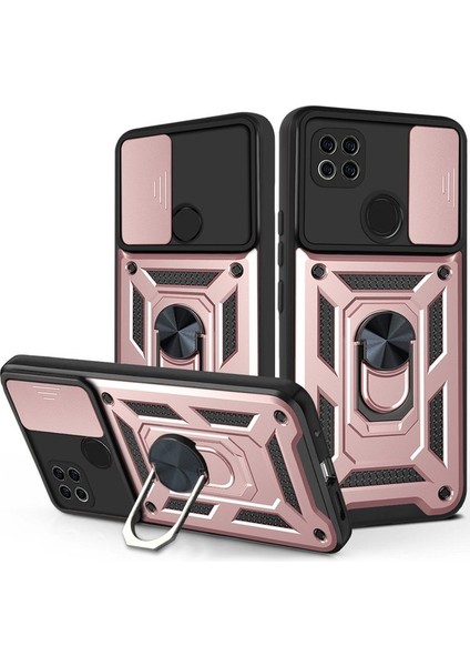 Xiaomi Redmi 9c Ince Kaydırmalı Kamera Kapaklı ve Halka Tutucu Standlı Sağlam Zırh Koruma Çantası Gümüş (Yurt Dışından)
