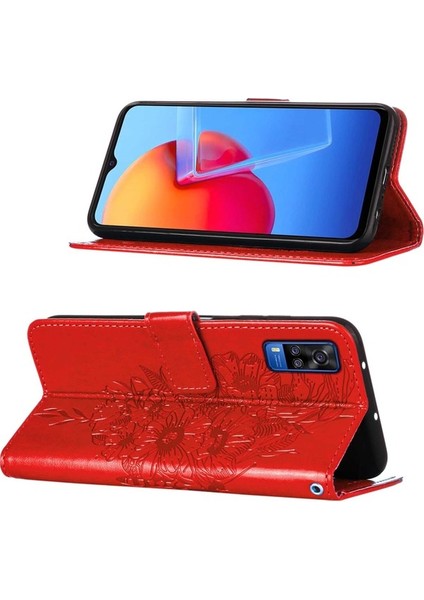 Y51 2020 / Y31 2021 / Y51A / Y53S 4g Için Kelebek Pu Deri Çevirmeli Cüzdan Stand Telefon Kılıfı - Kırmızı (Yurt Dışından)