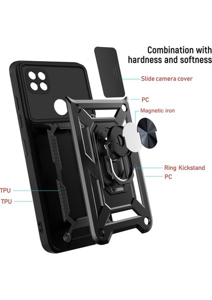 Xiaomi Redmi 9c Ince Kaydırmalı Kamera Kapaklı ve Halka Tutucu Standlı Sağlam Zırh Koruma Çantası Gümüş (Yurt Dışından) indirimleri