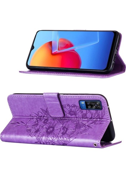 Y51 2020 / Y31 2021 / Y51A / Y53S 4g Için Kelebek Pu Deri Çevirmeli Cüzdan Stand Telefon Kılıfı - Kırmızı (Yurt Dışından)