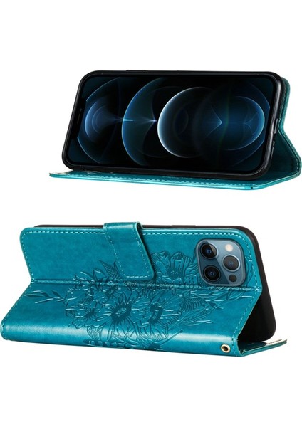 iPhone 12 Pro Max Için Kelebek Pu Deri Çevirmeli Cüzdan Stand Telefon Kılıfı - Yeşil (Yurt Dışından)